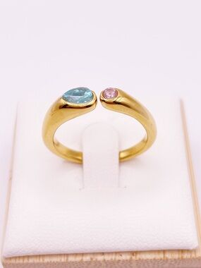 Gold Open-Top Ring with Blue and Pink Gemstones